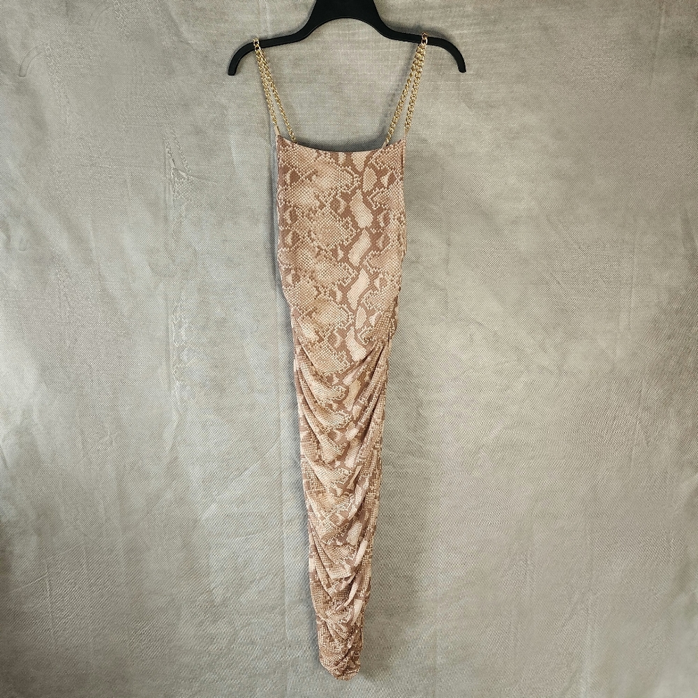 Almost Famous Snake Skin Print Party Dress Ruching Detail Chain-Link Straps